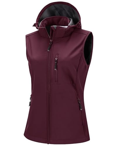 33,000ft Damen Softshell Westen mit Abnehmbare Kapuze Fleece Gefütterte Ärmellose Jacke Wasserdichte Winddichte Sportwesten Vest mit 5 Taschen für Reiten Laufen Wandern Wine Rot L von 33,000ft