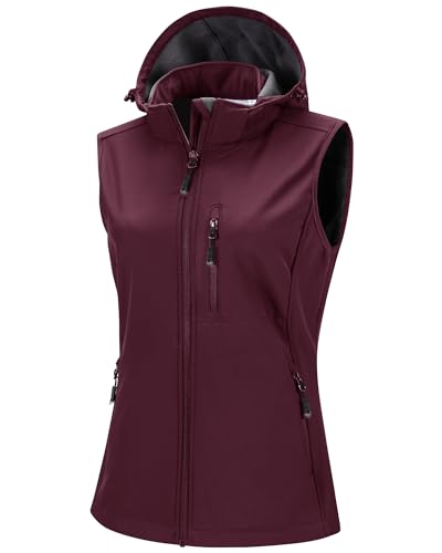 33,000ft Damen Softshell Westen mit Abnehmbare Kapuze Fleece Gefütterte Ärmellose Jacke Wasserdichte Winddichte Sportwesten Vest mit 5 Taschen für Reiten Laufen Wandern Wine Rot M von 33,000ft