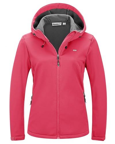 33,000ft Damen Softshelljacke Damen Wasserdichte Jacke Fleece Gefüttert Warme Jacke Kapuze Outdoor Winddichte Sportjacke Leichte Funktionsjacke Fahrradjacke, rosarot, 42 von 33,000ft