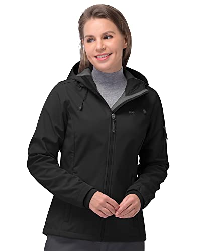 33,000ft Damen Softshelljacke Fleece Gefüttert Warme Jacke Leichte Kapuze Winddicht Mantel für Outdoor Wandern, Schwarz, M von 33,000ft