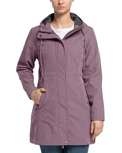 33,000ft Damen Softshelljacke Leichte Wasserdichte Regenjacke Lange Übergangsjacke Funktionsjacke Windjacke Atmungsaktive Softshellmantel mit Kapuze Regenmantel für Wandern Sporten, Rosalila 2XL von 33,000ft