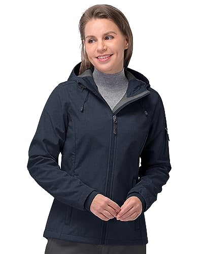 33,000ft Damen Softshelljacke Wasserdicht Atmungsaktiv Damen Warme Winterjacke Fleece Übergangsjacke Winddichte Funktionsjacke mit Kapuze, Dunkelblau meliert, 42 von 33,000ft