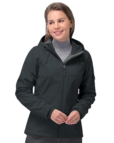 33,000ft Wasserdichte Damenjacke, leichte Softshelljacke mit Kapuze, winddichte Fleece-Regenjacke für Outdoor-Wandern, Schwarz / Erika, 48 von 33,000ft