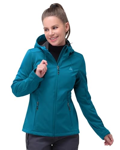 33,000ft Damen Softshelljacke Wasserdichte Winddichte Funktionsjacke Atmungsaktive Übergangsjacke Leichte Fahhradjacke mit Kapuze Windbreaker zum Laufen, Radfahren, Wandern，Dodge Blau 34 von 33,000ft