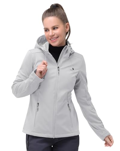 33,000ft Damen Softshelljacke Wasserdichte Winddichte Funktionsjacke Atmungsaktive Übergangsjacke Leichte Fahhradjacke mit Kapuze Windbreaker zum Laufen, Radfahren, Wandern，Eisgrau 34 von 33,000ft