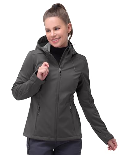 33,000ft Damen Softshelljacke Wasserdichte Winddichte Funktionsjacke Atmungsaktive Übergangsjacke Leichte Fahhradjacke mit Kapuze Windbreaker zum Laufen, Radfahren, Wandern，Grau 44 von 33,000ft