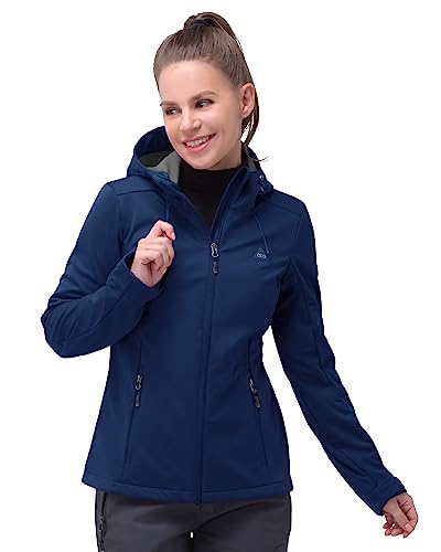 33,000ft Damen Softshelljacke Wasserdichte Winddichte Funktionsjacke Atmungsaktive Übergangsjacke Leichte Fahhradjacke mit Kapuze Windbreaker zum Laufen, Radfahren, Wandern，Navy Blau 40 von 33,000ft