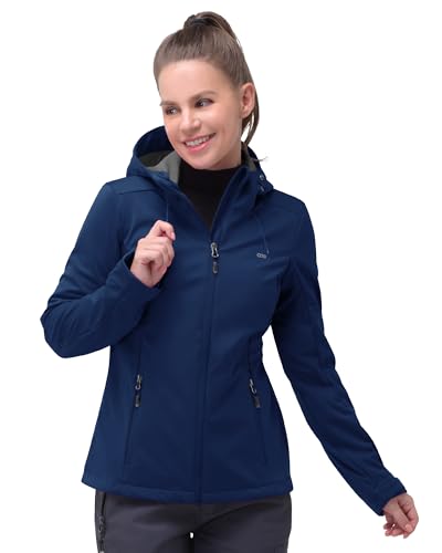 33,000ft Damen Softshelljacke Wasserdichte Winddichte Funktionsjacke Atmungsaktive Übergangsjacke Leichte Fahhradjacke mit Kapuze Windbreaker zum Laufen, Radfahren, Wandern，Navy Blau 42 von 33,000ft