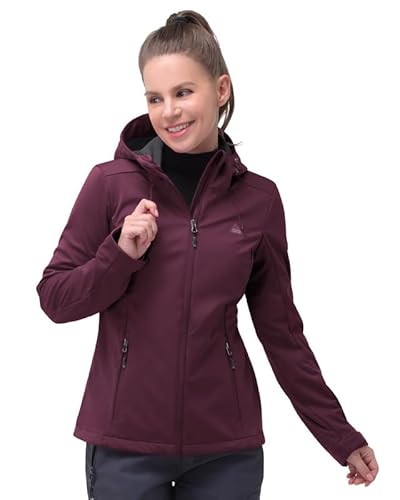 33,000ft Damen Softshelljacke Wasserdichte Winddichte Funktionsjacke Atmungsaktive Übergangsjacke Leichte Fahhradjacke mit Kapuze Windbreaker zum Laufen, Radfahren, Wandern，Weinrot 34 von 33,000ft