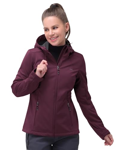 33,000ft Damen Softshelljacke Wasserdichte Winddichte Funktionsjacke Atmungsaktive Übergangsjacke Leichte Fahhradjacke mit Kapuze Windbreaker zum Laufen, Radfahren, Wandern，Weinrot 40 von 33,000ft