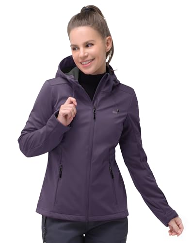 33,000ft Damen Softshelljacke Wasserdichte Winddichte Funktionsjacke Atmungsaktive Übergangsjacke Leichte Fahhradjacke mit Kapuze Windbreaker zum Laufen, Radfahren, Wandern, Aubergine Lila 48 von 33,000ft
