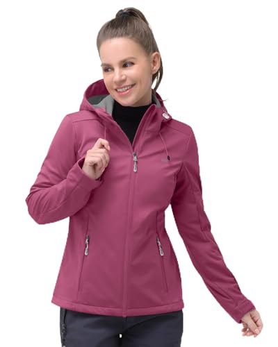 33,000ft Damen Softshelljacke Wasserdichte Winddichte Funktionsjacke Atmungsaktive Übergangsjacke Leichte Fahhradjacke mit Kapuze Windbreaker zum Laufen, Radfahren, Wandern, Beerenrot 42 von 33,000ft