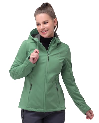 33,000ft Damen Softshelljacke Wasserdichte Winddichte Funktionsjacke Atmungsaktive Übergangsjacke Leichte Fahhradjacke mit Kapuze Windbreaker zum Laufen, Radfahren, Wandern, Grün 48 von 33,000ft