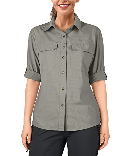 33,000ft Damen UPF 50 UV Sonnenschutz Shirt Cool Quick Dry Langarm Outdoor Angeln Wandern Safari Reise Shirt, Grau / Grün, Klein von 33,000ft