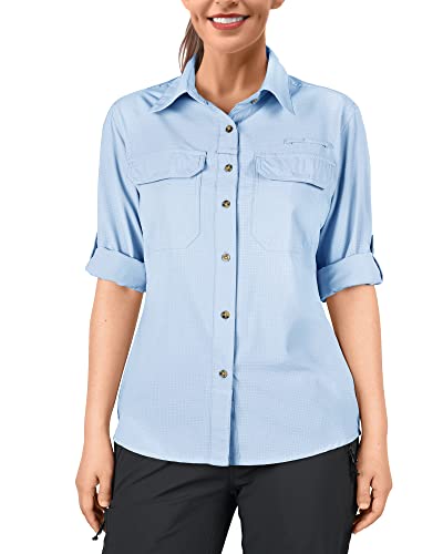33,000ft Hemd Damen UPF50+ UV Schutz Outdoorhemd Schnelltrocknend Freizeithemd Langarm Funktionshemd Wanderhemd für Angeln Safari Reisen Golf Helles Blau 2XL von 33,000ft