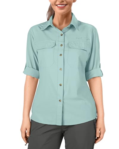 33,000ft Damen Wandershirts UPF50+ UV-Schutz Outdoor Shirt Schnelltrocknend Freizeithemd Langarm Funktionsshirt Angelshirt für Walking Safari Reisen Golf, lichtgrün, Large von 33,000ft