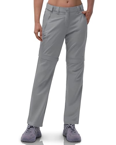 33,000ft Damen Zip Off Wanderhose, Atmungsaktiv Trekkinghose Schnell Trockend Stretch Abnehmbar Zip-Off Outdoorhose Sommer Arbeitshose Funktionshose Hellgrau 29L 36 von 33,000ft