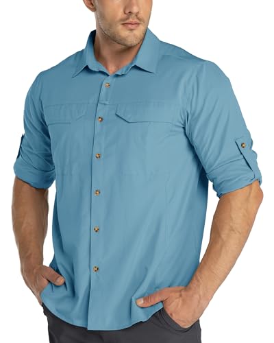 33,000ft Funktionshemd Herren UPF50+ UV-Schutz Langarm Hemd Atmungsaktiv Button-Down-Hemd Outdoor Sportliches Freizeithemd Angelhemd Für Männer Blau 4XL von 33,000ft