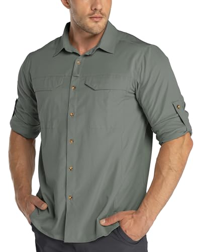 33,000ft Funktionshemd Herren UPF50+ UV-Schutz Langarm Hemd Atmungsaktiv Button-Down-Hemd Outdoor Sportliches Freizeithemd Angelhemd Für Männer Helles Armeegrün 4XL von 33,000ft
