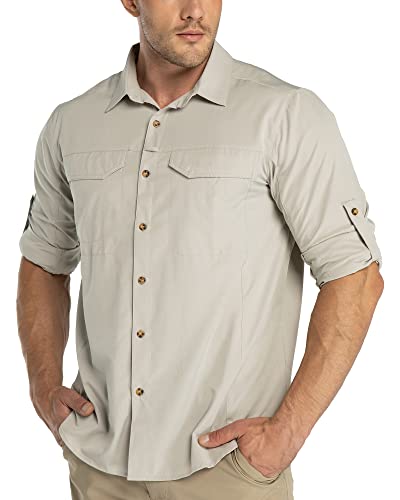 33,000ft Funktionshemd Herren UPF50+ UV-Schutz Langarm Hemd Atmungsaktiv Button-Down-Hemd Outdoor Sportliches Freizeithemd Angelhemd Für Männer Khaki 2XL von 33,000ft