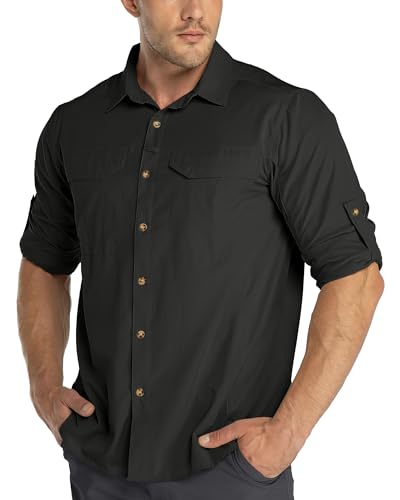 33,000ft Funktionshemd Herren UPF50+ UV-Schutz Langarm Hemd Atmungsaktiv Button-Down-Hemd Outdoor Sportliches Freizeithemd Angelhemd Für Männer Schwarz S von 33,000ft