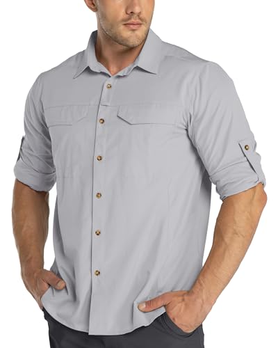 33,000ft Funktionshemd Herren UPF50+ UV-Schutz Langarm Hemd Atmungsaktiv Button-Down-Hemd Outdoor Sportliches Freizeithemd Angelhemd Für Männer Silber Grau L von 33,000ft