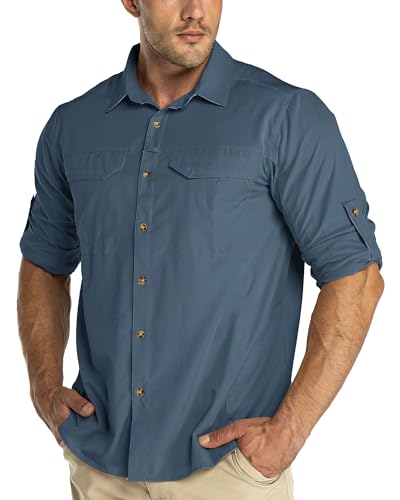 33,000ft Funktionshemd Herren UPF50+ UV-Schutz Langarm Hemd Atmungsaktiv Button-Down-Hemd Outdoor Sportliches Freizeithemd Angelhemd Für Männer Stahlblau M von 33,000ft