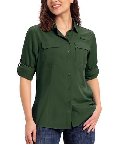 33,000ft Hemd Damen UPF50+ UV Schutz Outdoorhemd Schnelltrocknend Freizeithemd Langarm Funktionshemd Wanderhemd für Angeln Safari Reisen Golf Dunkelgrün 3XL von 33,000ft