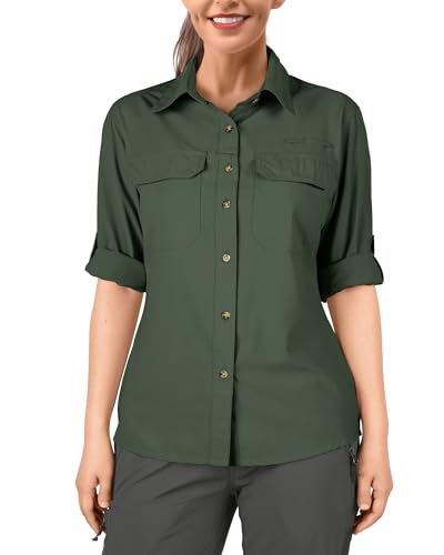 33,000ft Hemd Damen UPF50+ UV Schutz Outdoorhemd Schnelltrocknend Freizeithemd Langarm Funktionshemd Wanderhemd für Angeln Safari Reisen Golf Dunkelgrün M von 33,000ft