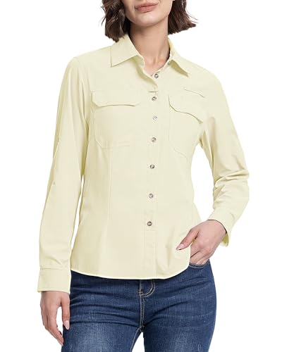 33,000ft Hemd Damen UPF50+ UV Schutz Outdoorhemd Schnelltrocknend Freizeithemd Langarm Funktionshemd Wanderhemd für Angeln Safari Reisen Golf Hellgelb 2XL von 33,000ft