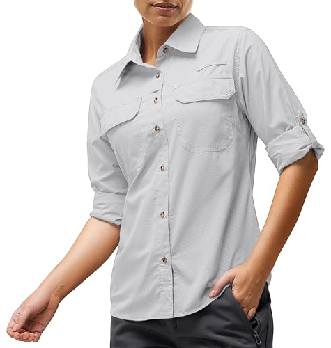 33,000ft Hemd Damen UPF50+ UV Schutz Outdoorhemd Schnelltrocknend Freizeithemd Langarm Funktionshemd Wanderhemd für Angeln Safari Reisen Golf Silber Grau 3XL von 33,000ft