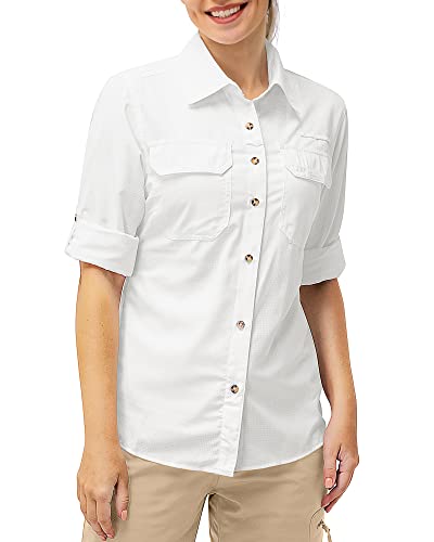 33,000ft Hemd Damen UPF50+ UV Schutz Outdoorhemd Schnelltrocknend Freizeithemd Langarm Funktionshemd Wanderhemd für Angeln Safari Reisen Golf Weiß XL von 33,000ft