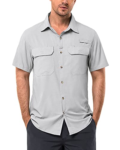 33,000ft Hemd Herren Kurzarm UPF50+ UV Schutz Outdoorhemd Schnelltrocknend Freizeithemd Funktionshemd Wanderhemd für Angeln Safari Reisen Golf Silbergrau XL von 33,000ft