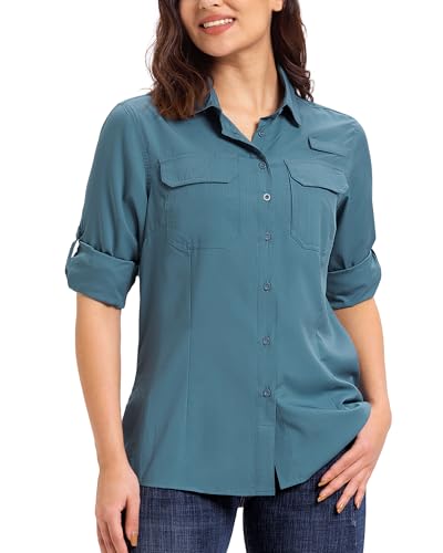 33,000ft Hemdbluse Damen UPF50 UV Schutz Hemd Schnelltrocknende Button-Down Shirts Atmungsaktive Wanderhemd Safari Kleidung für Freizeit Angeln Reisen Blau L von 33,000ft
