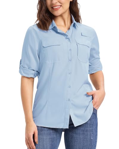 33,000ft Hemdbluse Damen UPF50 UV Schutz Hemd Schnelltrocknende Button-Down Shirts Atmungsaktive Wanderhemd Safari Kleidung für Freizeit Angeln Reisen Hellblau 2XL von 33,000ft