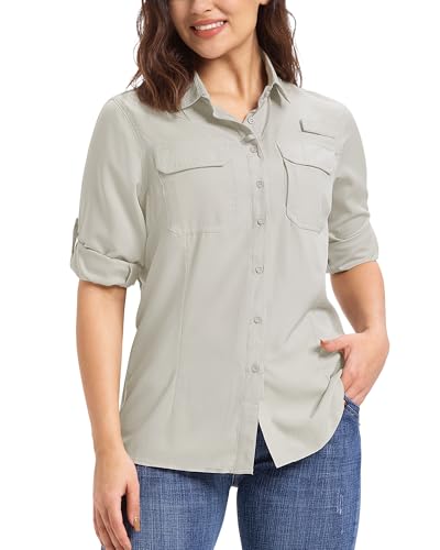 33,000ft Hemdbluse Damen UPF50 UV Schutz Hemd Schnelltrocknende Button-Down Shirts Atmungsaktive Wanderhemd Safari Kleidung für Freizeit Angeln Reisen Hellkhaki XL von 33,000ft