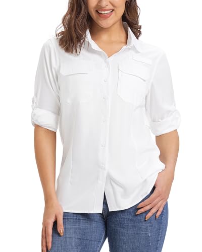 33,000ft Hemdbluse Damen UPF50 UV Schutz Hemd Schnelltrocknende Button-Down Shirts Atmungsaktive Wanderhemd Safari Kleidung für Freizeit Angeln Reisen Weiß M von 33,000ft