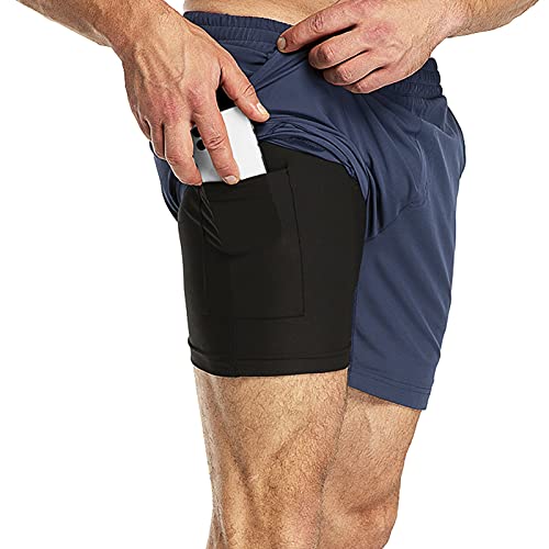 33,000ft Herren 2 in 1 Shorts Sommer Schnelltrocknende Laufshorts mit Taschen Sport Kurze Hosen Fitness Laufhose, Marine Blau 2XL von 33,000ft