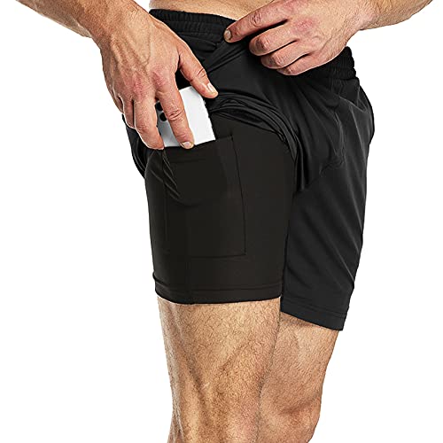 33,000ft Herren 2 in 1 Shorts Sommer Schnelltrocknende Laufshorts mit Taschen Sport Kurze Hosen Fitness Laufhose, Schwarz L von 33,000ft