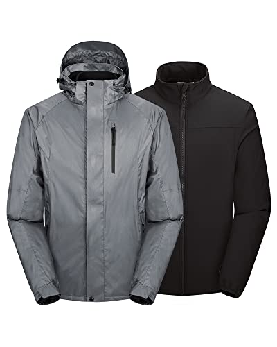 33,000ft Herren 3 in 1 Skijacke Wasserdicht Warme Winterjacke Regenjacke Winddichte Skijacke Fleece Softshelljacke mit abnehmbarer Kapuze für Ski Outdoorsport (Grau, L) von 33,000ft