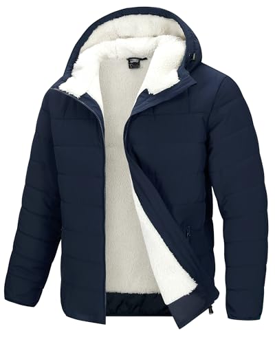33,000ft Herren Fleecejacke Leichte Steppjacke Warme Jacke mit Kapuze Winddicht Freizeit Übergangsjacke Wasserabweisende Gefüttert Fleece Wanderjacke Winterjacke für Männer Dunkelblau L von 33,000ft