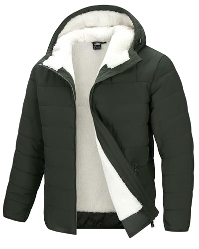 33,000ft Herren Fleecejacke Leichte Steppjacke Warme Jacke mit Kapuze Winddicht Freizeit Übergangsjacke Wasserabweisende Gefüttert Fleece Wanderjacke Winterjacke für Männer Dunkelgrün L von 33,000ft
