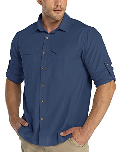 33,000ft Herren Langarm Angelshirt Button Down Shirts UPF50+ UV-Schutz Atmungsaktiv Roll-up Ärmel Shirts, dunkelblau, L von 33,000ft