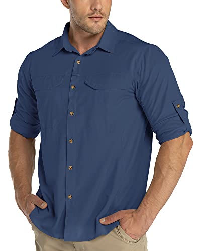 33,000ft Herren Langarm Angelshirt Button Down Shirts UPF50+ UV-Schutz Atmungsaktiv Roll-up Ärmel Shirts, dunkelblau, XXL von 33,000ft