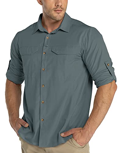 33,000ft Herren Langarm Angelshirt Button Down Shirts UPF50+ UV-Schutz Atmungsaktiv Roll-up Ärmel Shirts, grau, L von 33,000ft