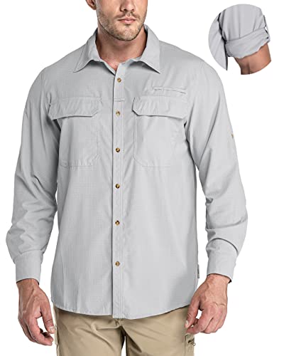 33,000ft Herren Langarmshirts 50+ UV-Schutz Outdoor Shirts Frühling Sommer Herbst Button-Down Shirt Atmungsaktiv Wicking Schnell trocknend mit Taschen für Wandern Angeln Golf, Silbergrau, M von 33,000ft