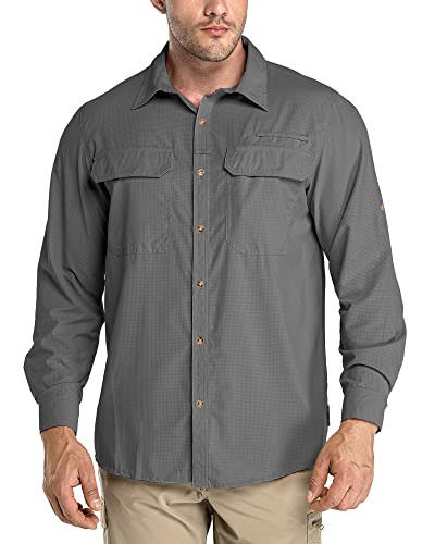 33,000ft Herren Langarmshirts 50+ UV-Schutz Outdoor Shirts Frühling Sommer Herbst Button-Down Shirt Atmungsaktiv Wicking Schnell trocknend mit Taschen für Wandern Angeln Golf, grau, 58 von 33,000ft