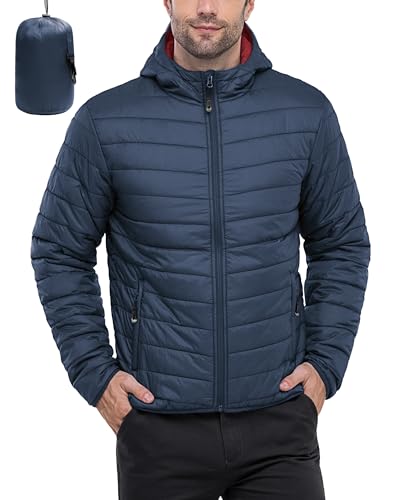 33,000ft Herren Leichte Steppjacke Outdoor Wasserbeständige Übergangsjacke Warme Winterjacke für Männer, Kapuze Wintermäntel Pufferjacke Verstaubar Blau/Dunkelrot 2XL von 33,000ft