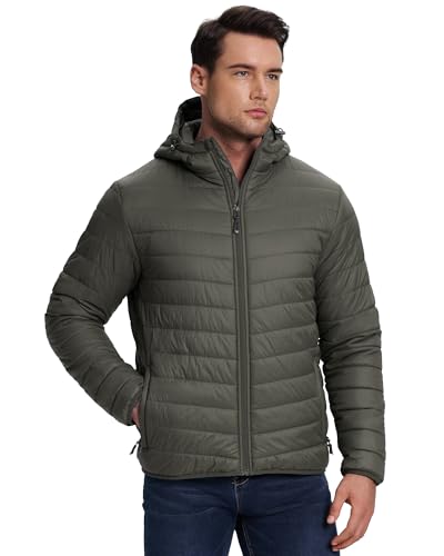33,000ft Herren Leichte Steppjacke Outdoor Wasserbeständige Übergangsjacke Warme Winterjacke für Männer, Kapuze Wintermäntel Pufferjacke Verstaubar Dunkelgrün XXL von 33,000ft
