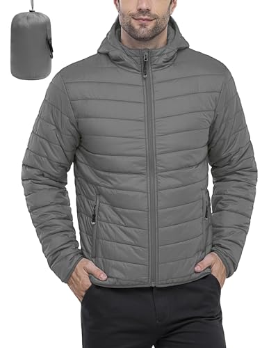 33,000ft Herren Leichte Steppjacke Outdoor Wasserbeständige Übergangsjacke Warme Winterjacke für Männer, Kapuze Wintermäntel Pufferjacke Verstaubar Grau 2XL von 33,000ft